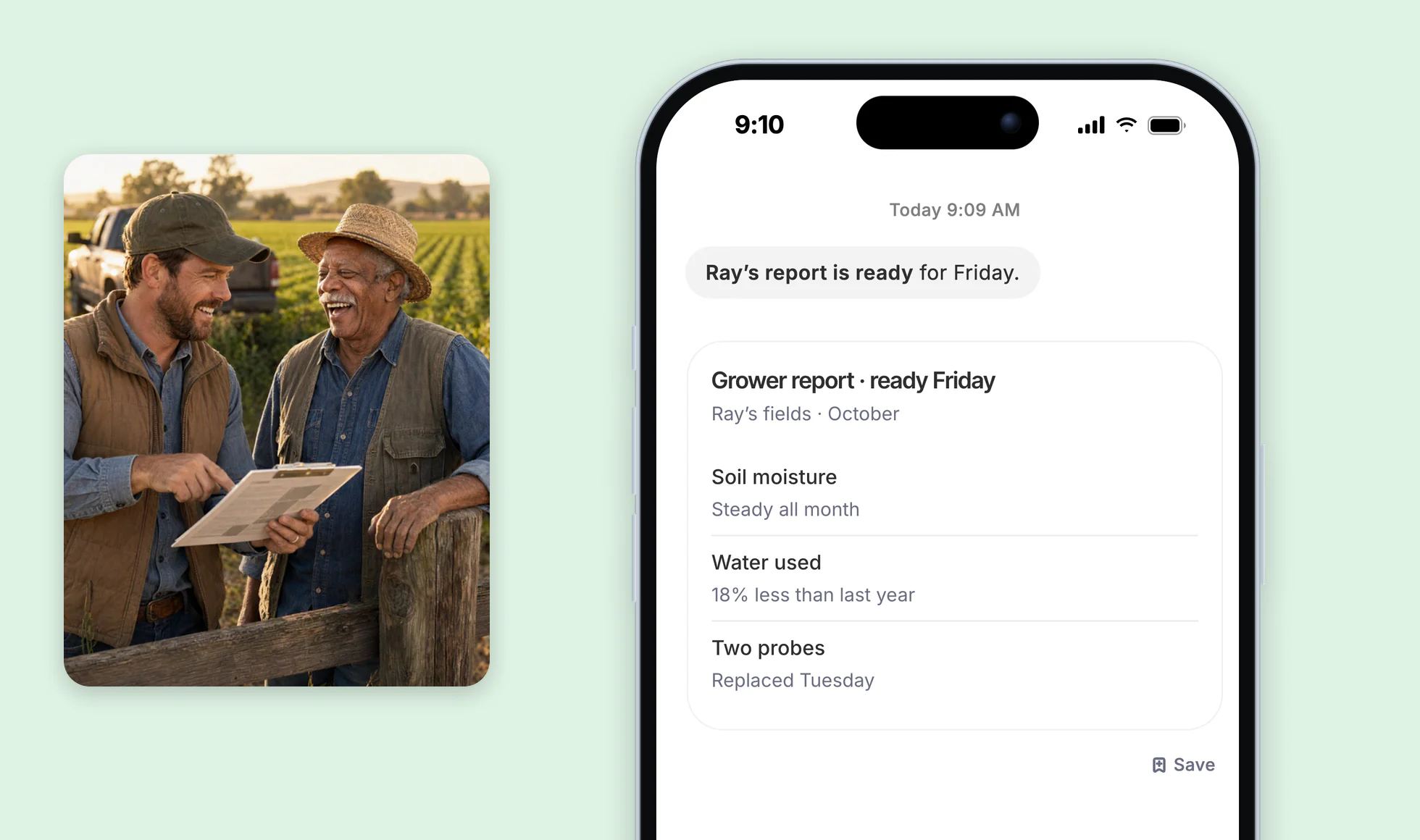Dvina on an iPhone: the grower report, ready Friday, beside Luke and Ray laughing over it at the field's edge.