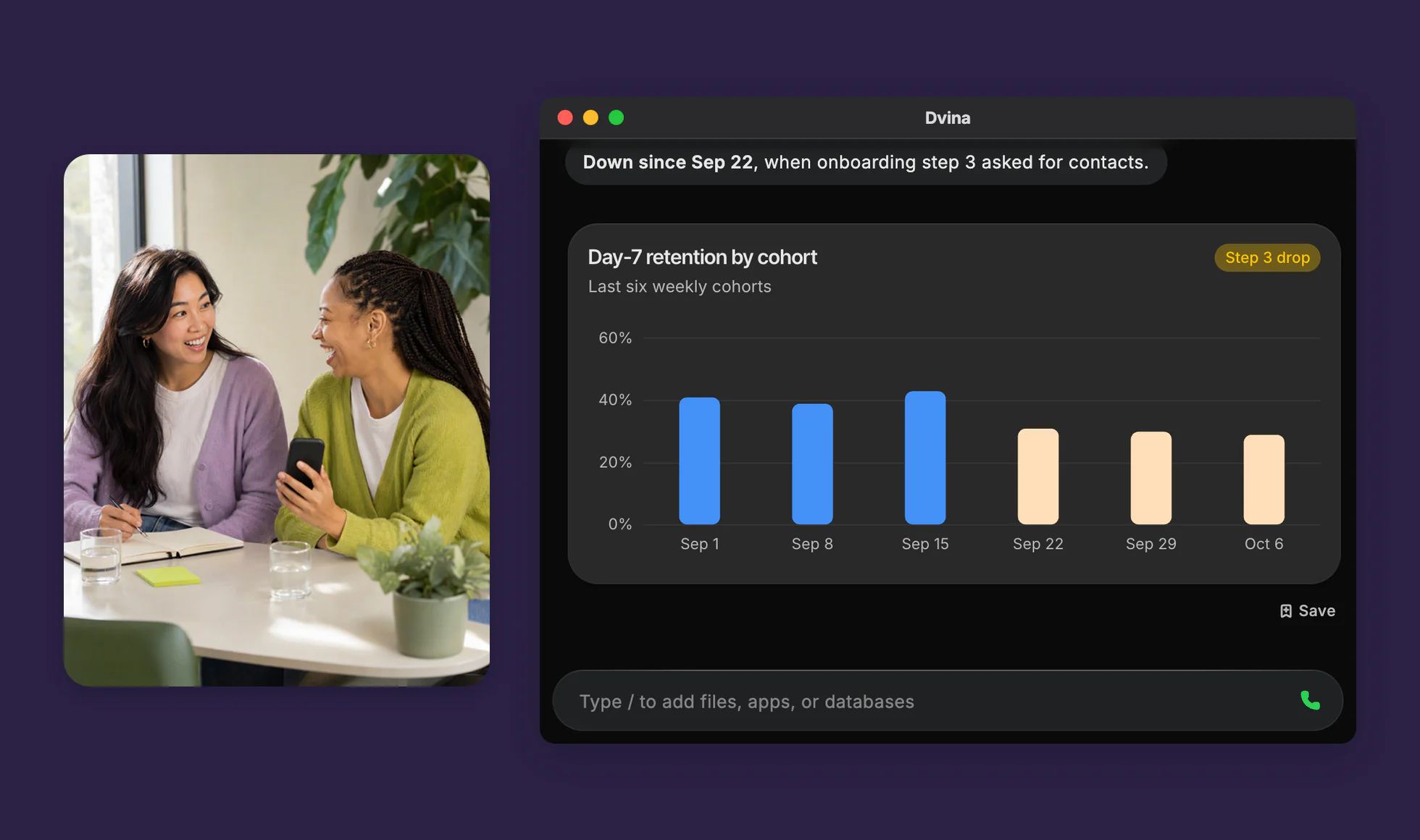 Dvina in a Mac window: Day-7 retention by cohort, down since Sep 22, beside Brielle laughing with a tester in a user interview.
