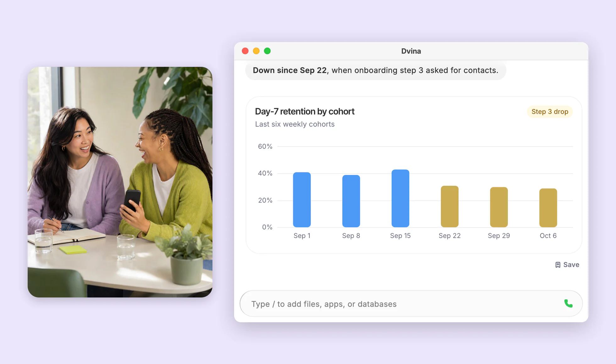 Dvina in a Mac window: Day-7 retention by cohort, down since Sep 22, beside Brielle laughing with a tester in a user interview.