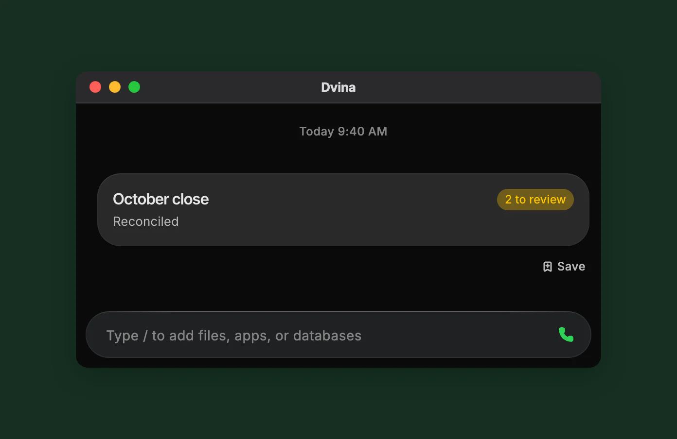 Dvina in una finestra su Mac: la chiusura di ottobre, riconciliata, con due addebiti da verificare.