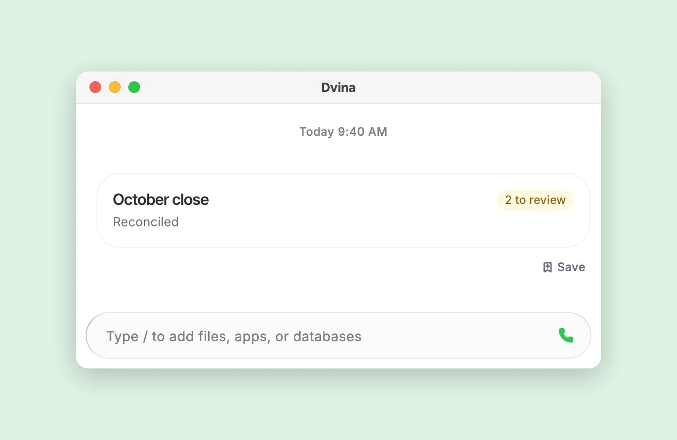 Dvina in una finestra su Mac: la chiusura di ottobre, riconciliata, con due addebiti da verificare.