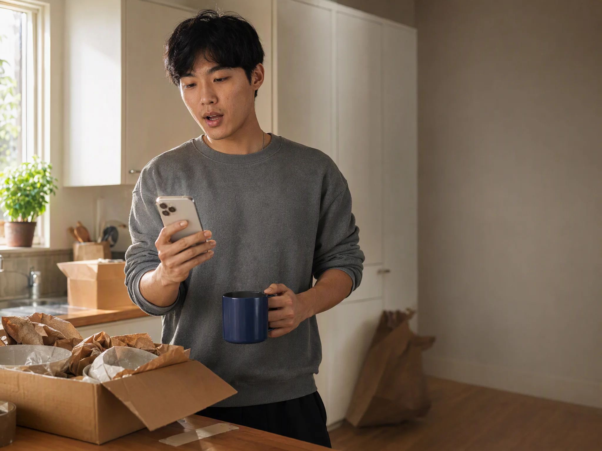 Een jonge man stelt op maandagochtend een vraag aan zijn telefoon in zijn nieuwe keuken, tussen half uitgepakte dozen.