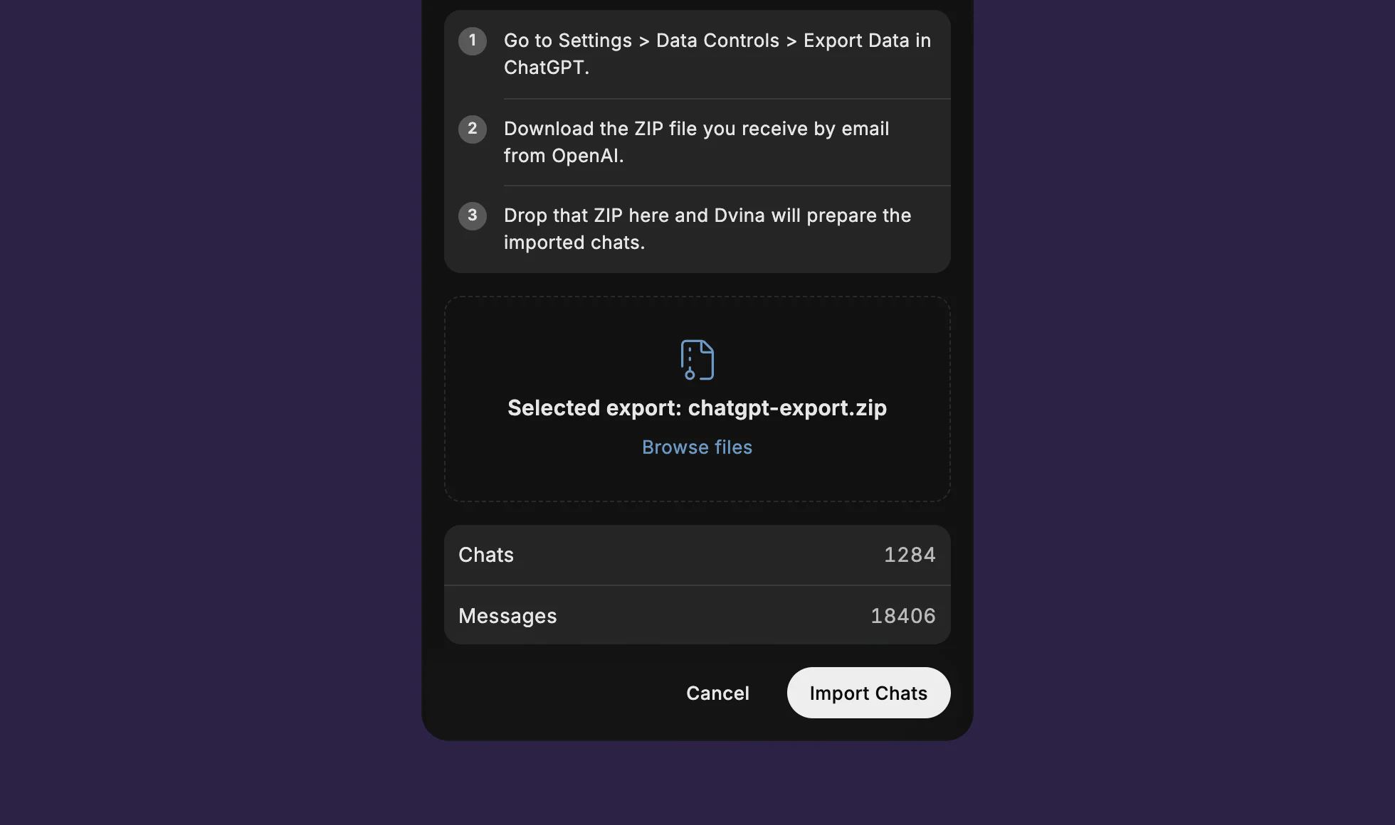 Het venster Chats importeren nadat het exportbestand erin is gesleept: 1.284 chats en 18.406 berichten, klaar om te importeren.