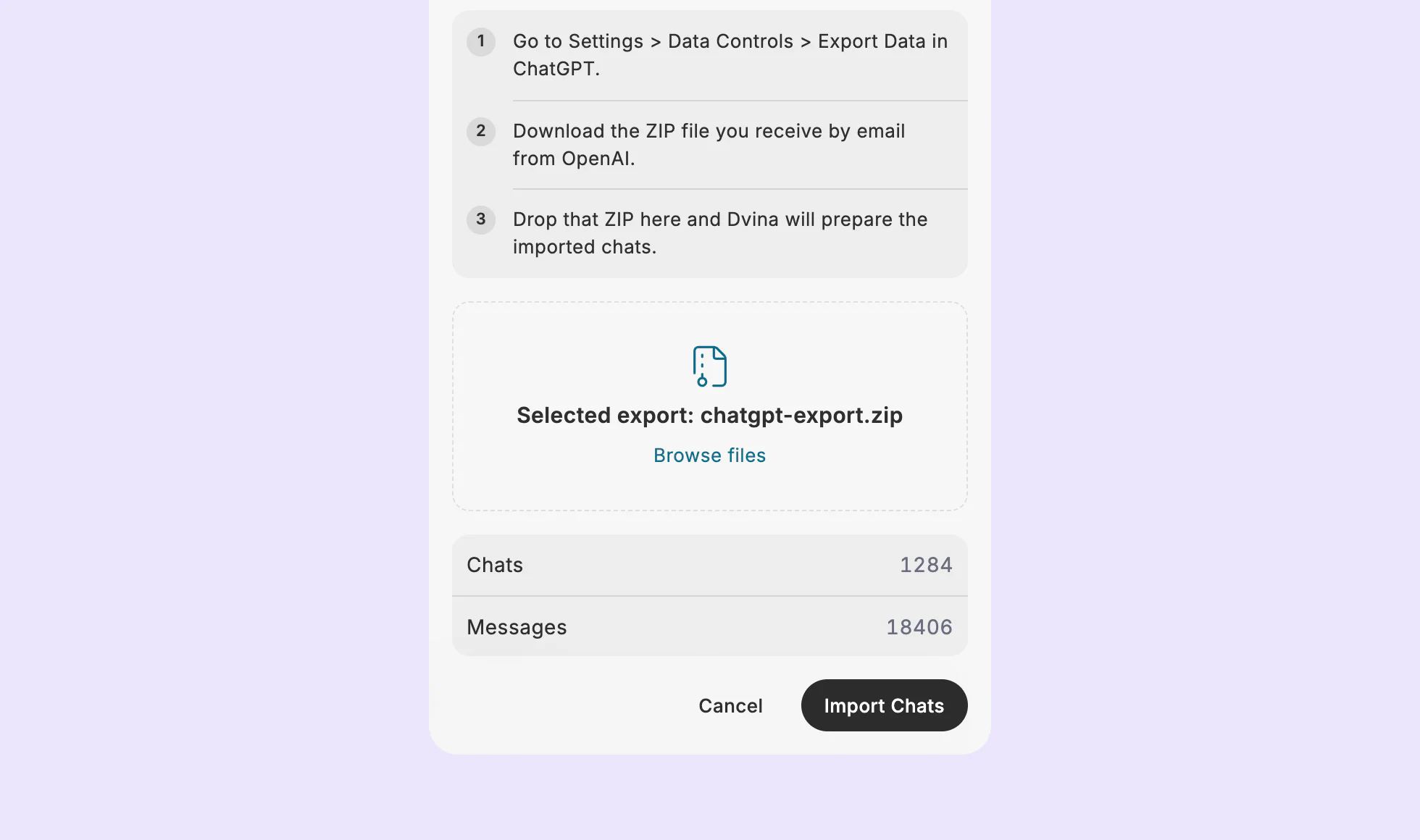 Het venster Chats importeren nadat het exportbestand erin is gesleept: 1.284 chats en 18.406 berichten, klaar om te importeren.