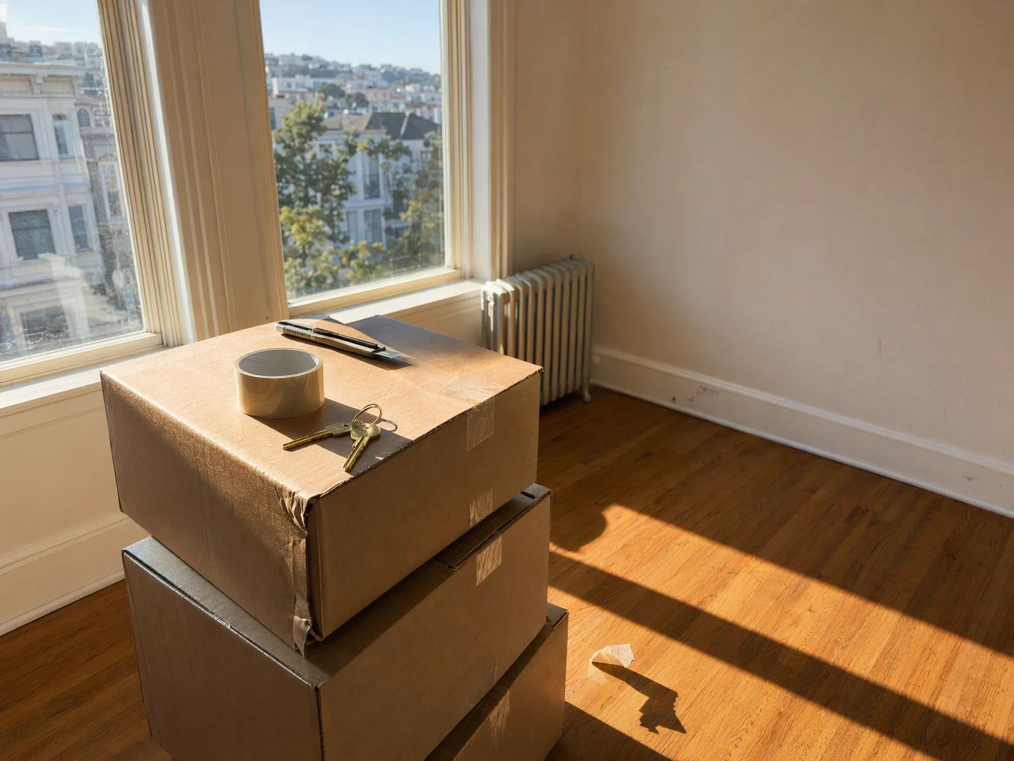 Nieuwe sleutels op een stapel dichtgeplakte verhuisdozen in een leeg appartement vol zonlicht.