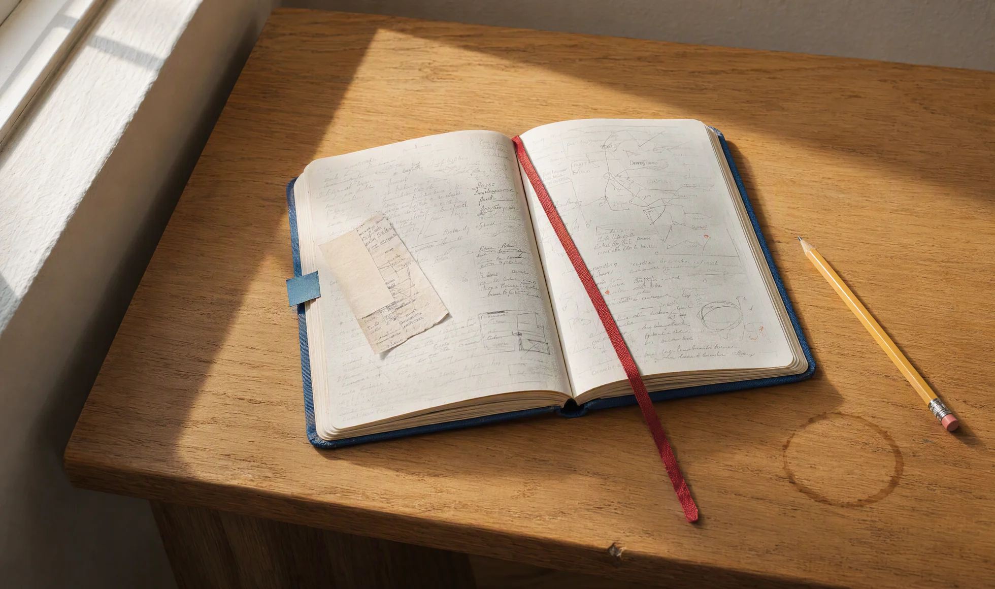 Eén veelgebruikt notitieboek ligt open op een verder leeg eiken bureau, met een leeslint over de pagina.