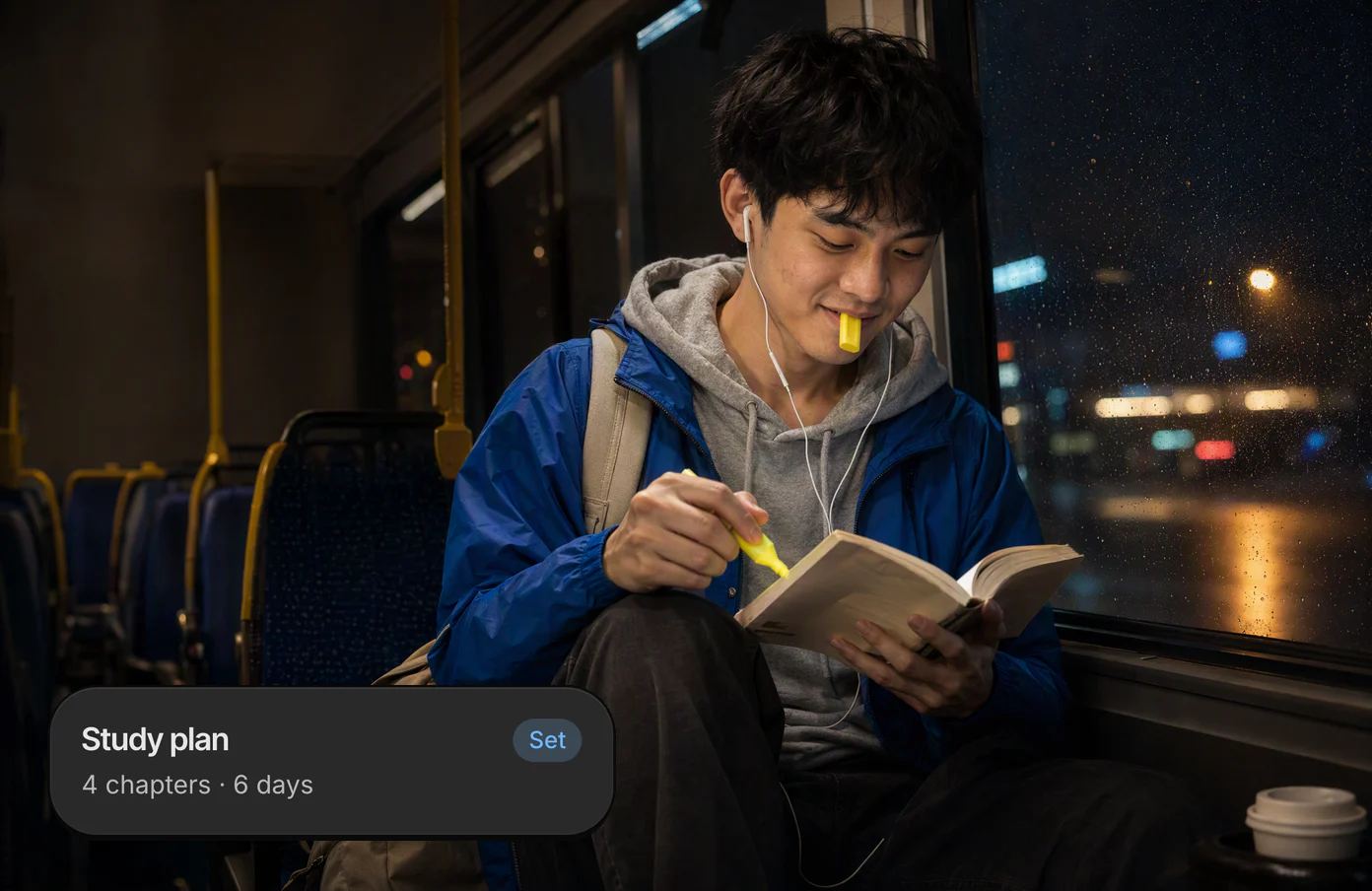 A student on the 10:40 PM bus home highlighting a paperback on his knee, the cap in his teeth; his Dvina card: a study plan, four chapters in six days.