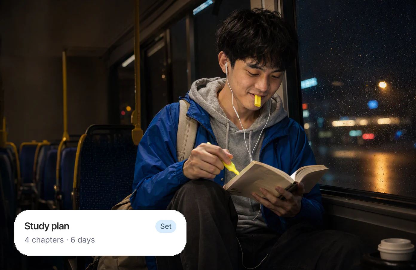 A student on the 10:40 PM bus home highlighting a paperback on his knee, the cap in his teeth; his Dvina card: a study plan, four chapters in six days.