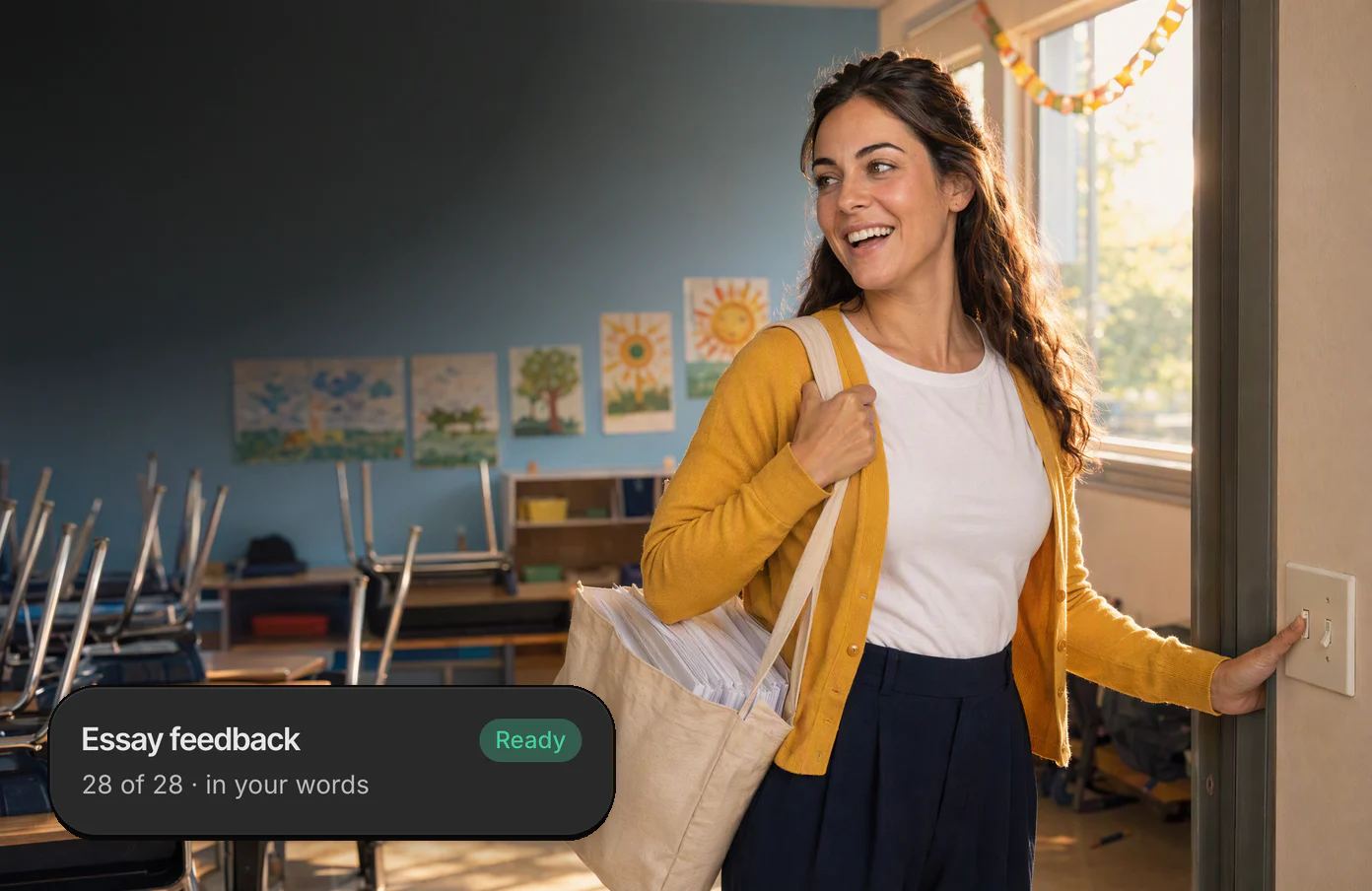 A teacher switching off her classroom lights on a Friday afternoon, a tote of essays over her shoulder, laughing; her Dvina card: feedback on 28 of 28 essays, in her words, ready.