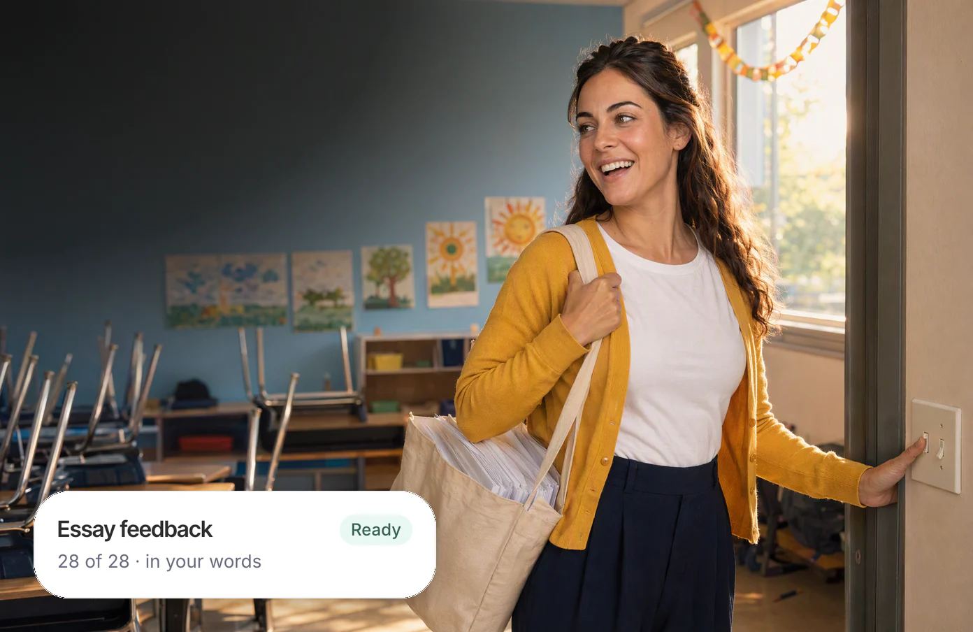 A teacher switching off her classroom lights on a Friday afternoon, a tote of essays over her shoulder, laughing; her Dvina card: feedback on 28 of 28 essays, in her words, ready.