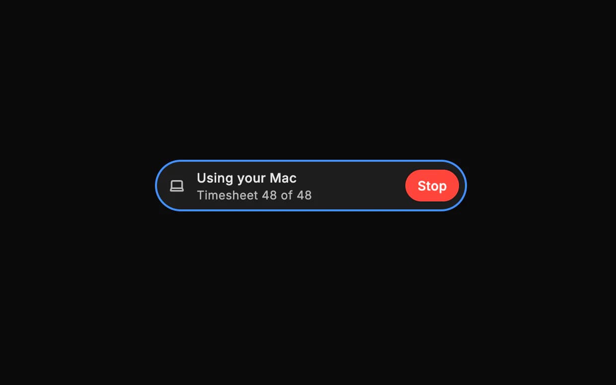 Dvina using your Mac in the payroll program: timesheet 48 of 48, with a Stop button.