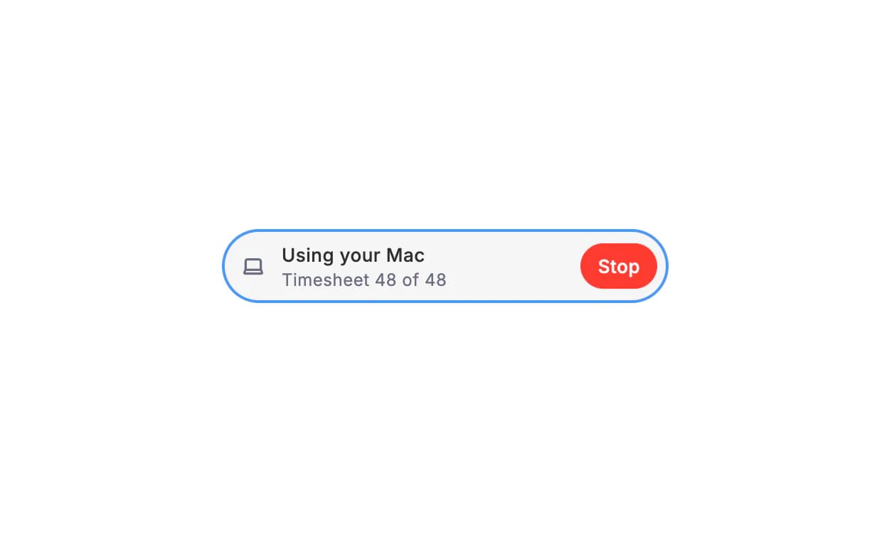 Dvina using your Mac in the payroll program: timesheet 48 of 48, with a Stop button.
