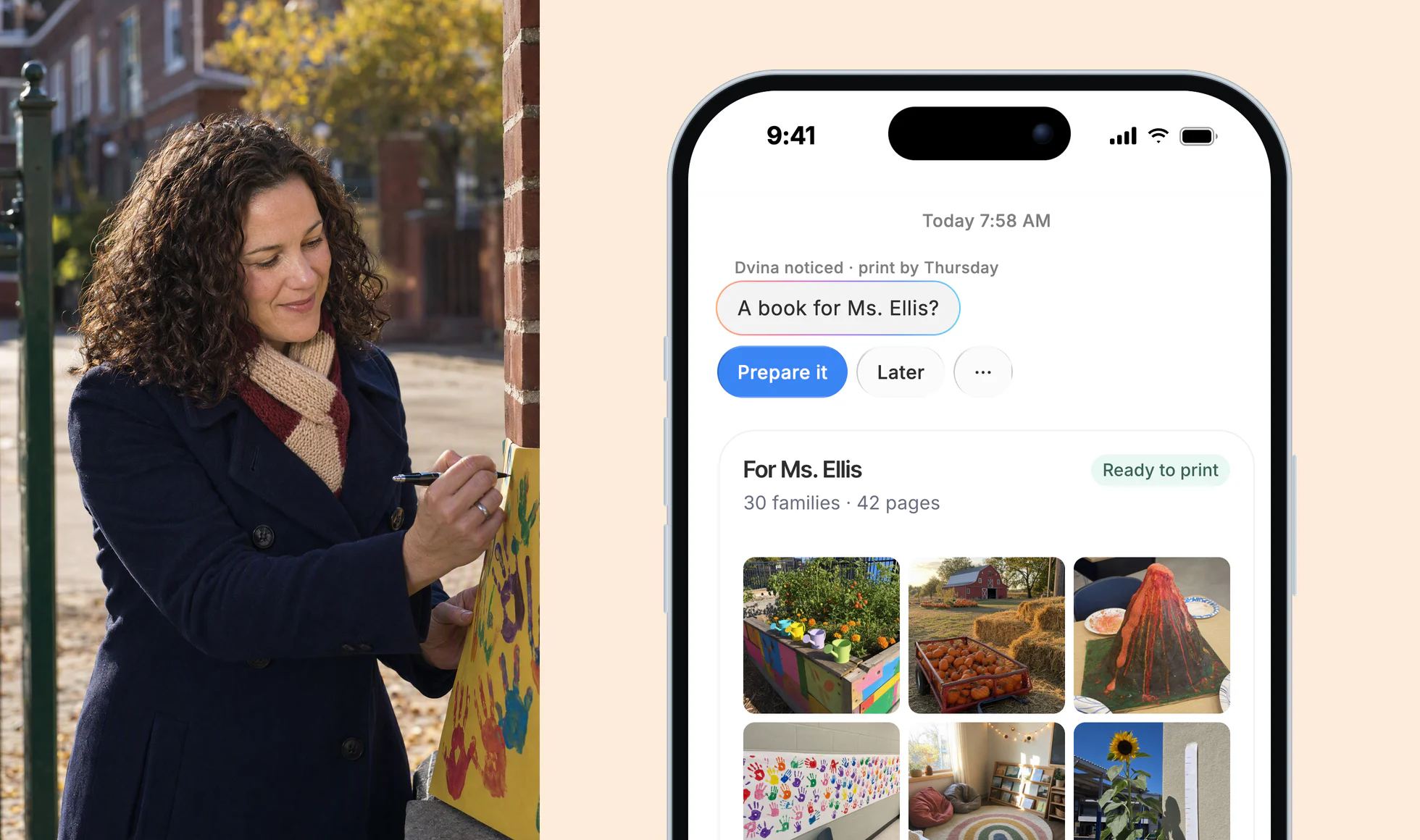 A mother signing a card of painted handprints at the school gate; on an iPhone, Dvina’s card: A book for Ms. Ellis?, and the book’s cover from thirty families’ photos, ready to print.