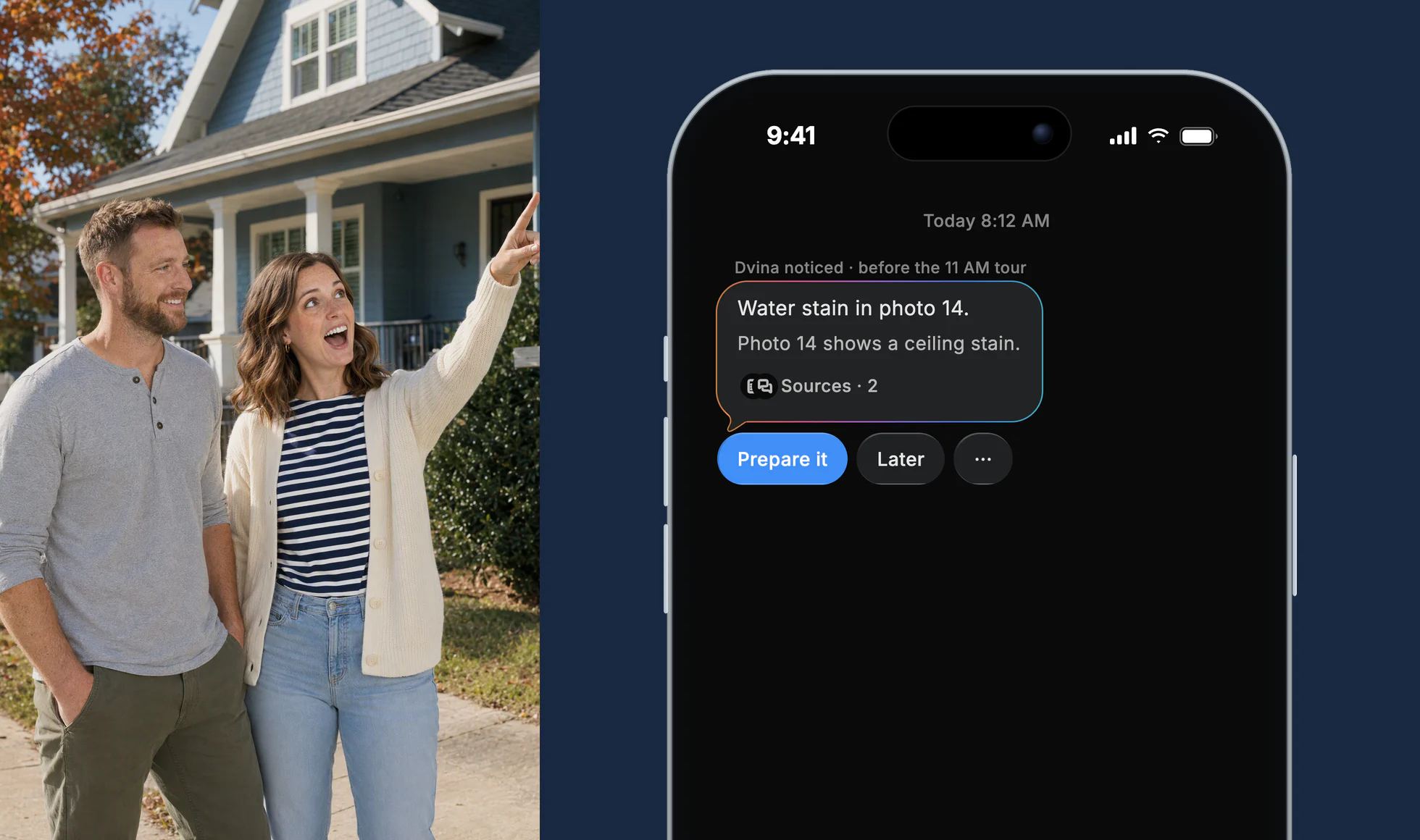 A young couple on the sidewalk in front of a blue craftsman house before the tour, she pointing at the roofline; on an iPhone, Dvina’s card: Water stain in photo 14, before the 11 AM tour.