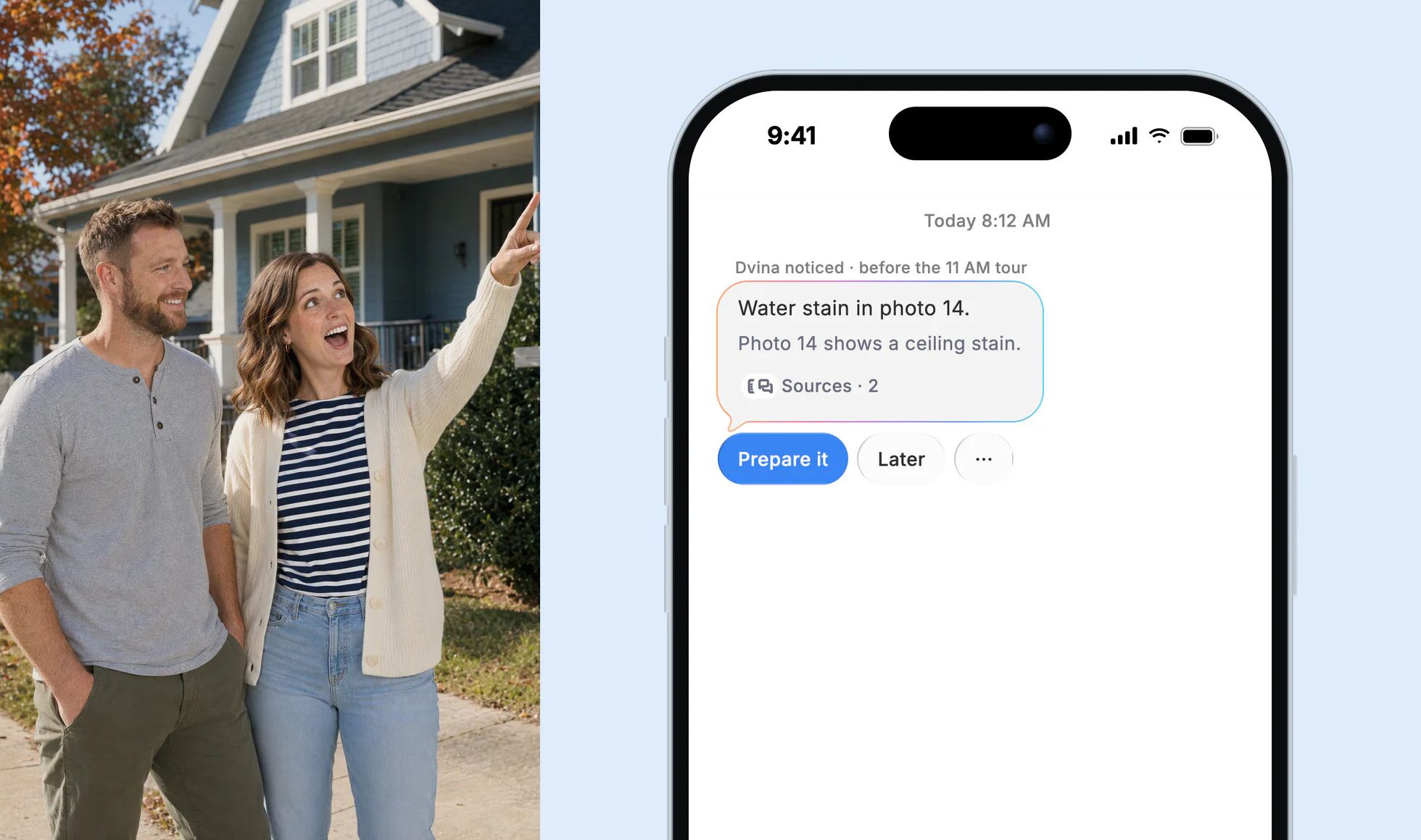 A young couple on the sidewalk in front of a blue craftsman house before the tour, she pointing at the roofline; on an iPhone, Dvina’s card: Water stain in photo 14, before the 11 AM tour.