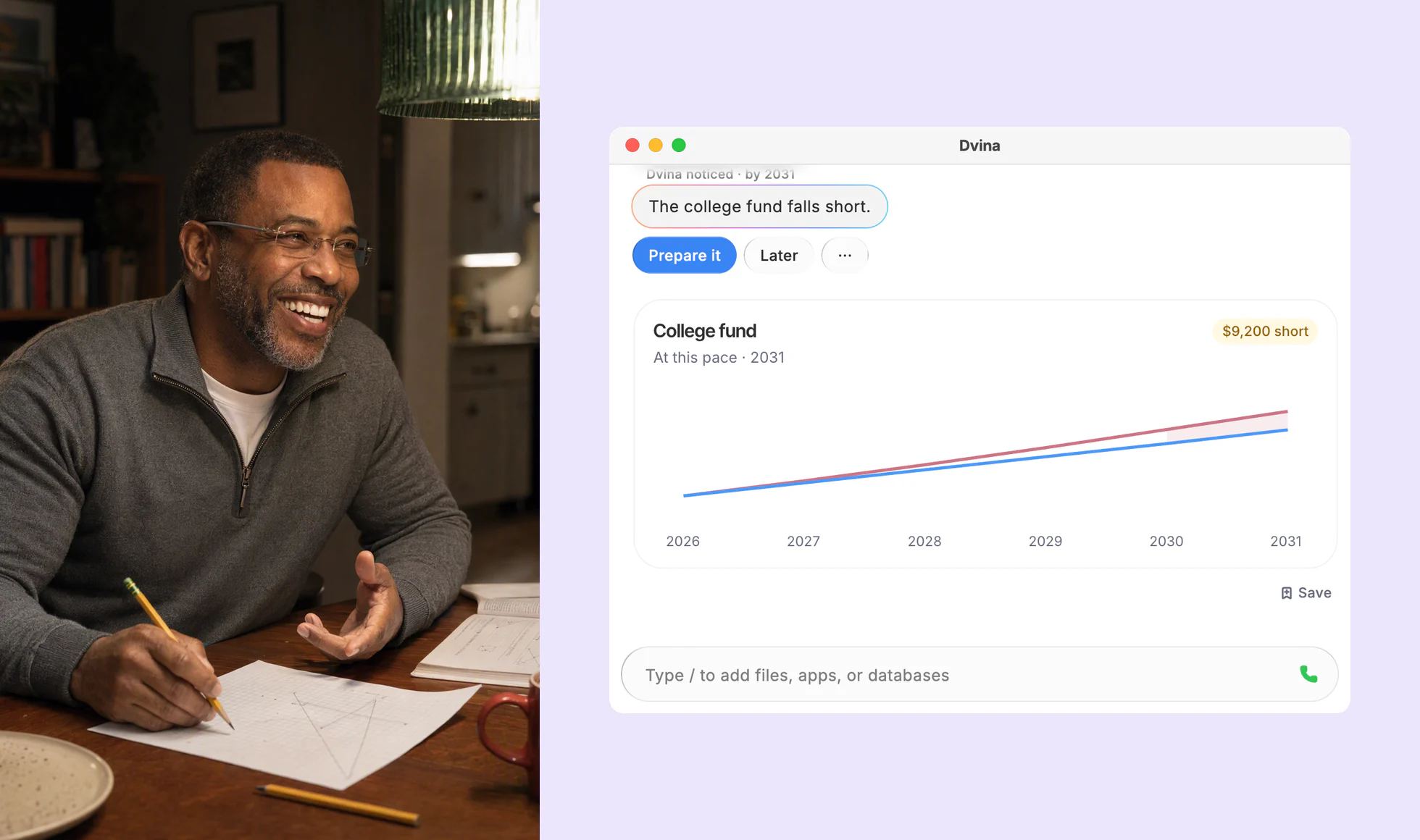 A dad laughing over geometry homework at the dining table after dinner; in a Mac window, Dvina’s card: The college fund falls short, and its line, $9,200 short by 2031.